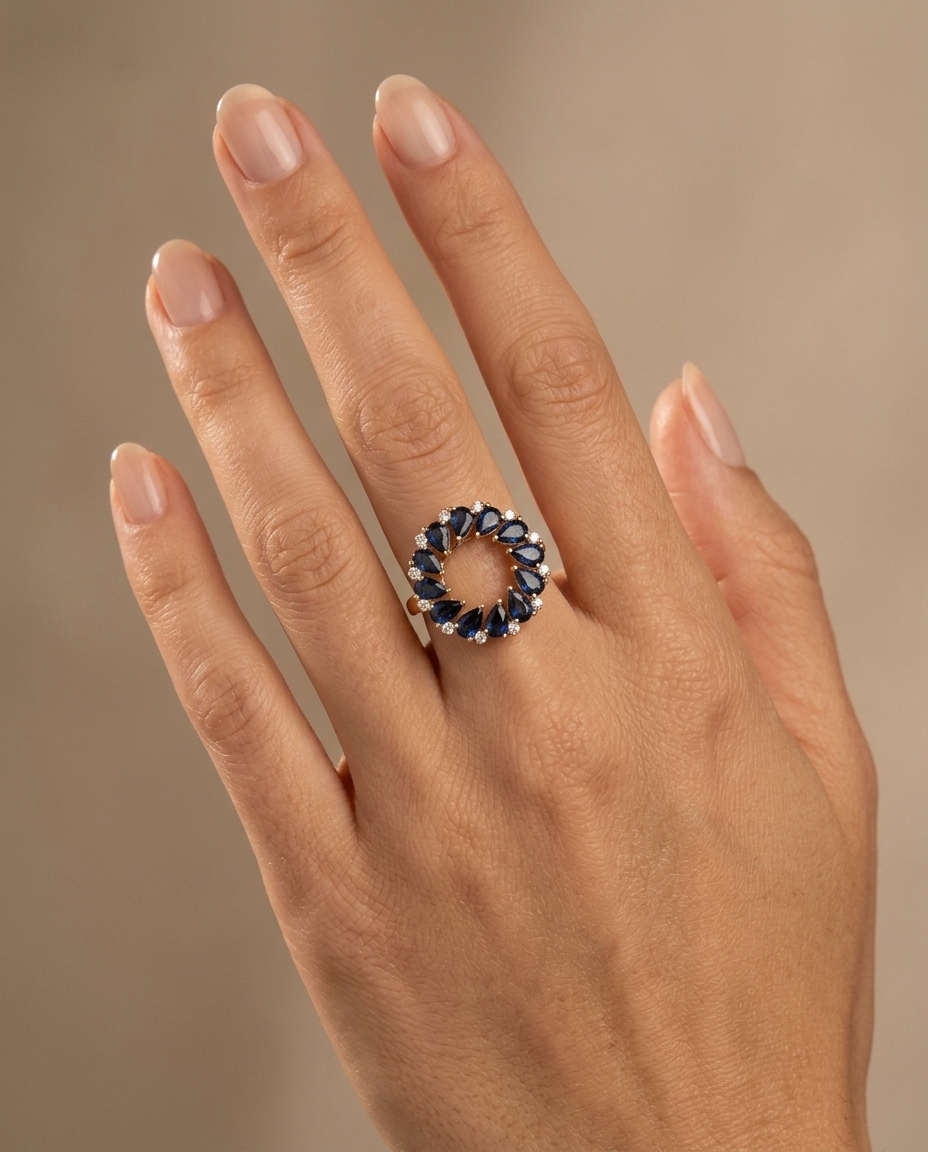 18KT Gold Blue Sapphire and Diamond Ring on model
