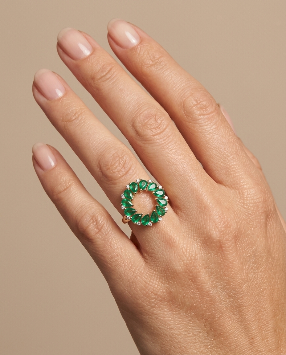 18KT Gold Emerald and Diamond Ring on model