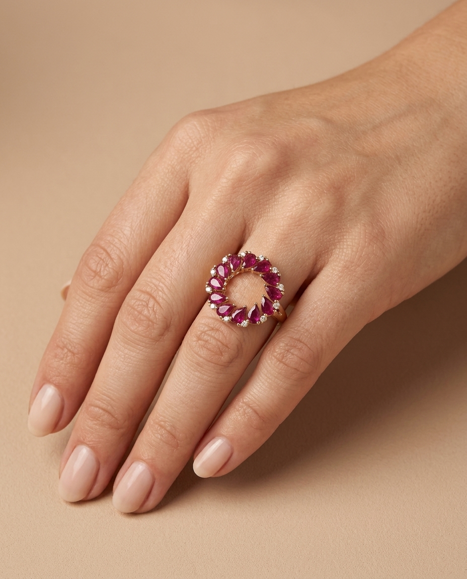 18KT Gold Ruby and Diamond Ring on model