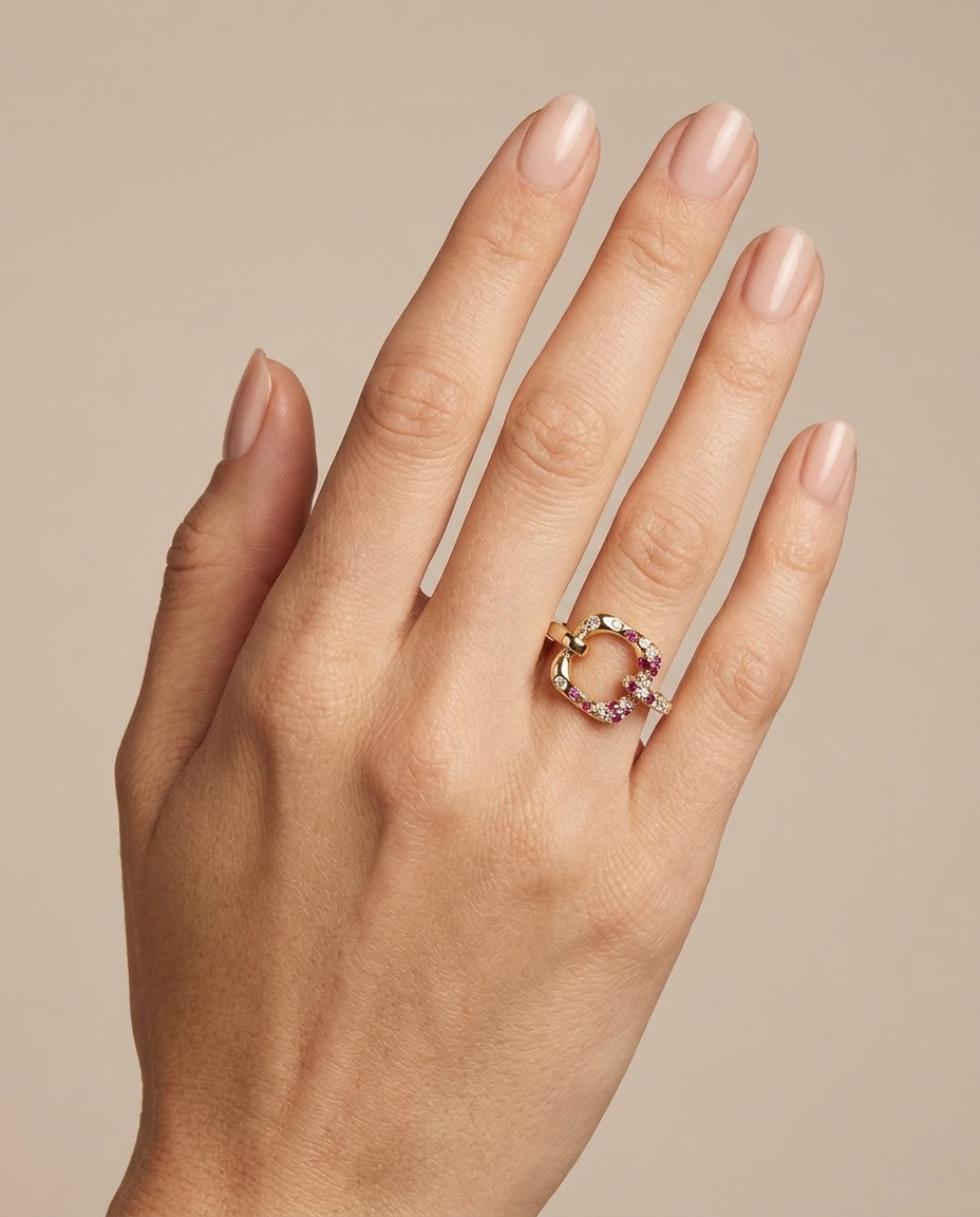 18KT Yellow Gold Pink Sapphire Ruby and Diamond Ring on model
