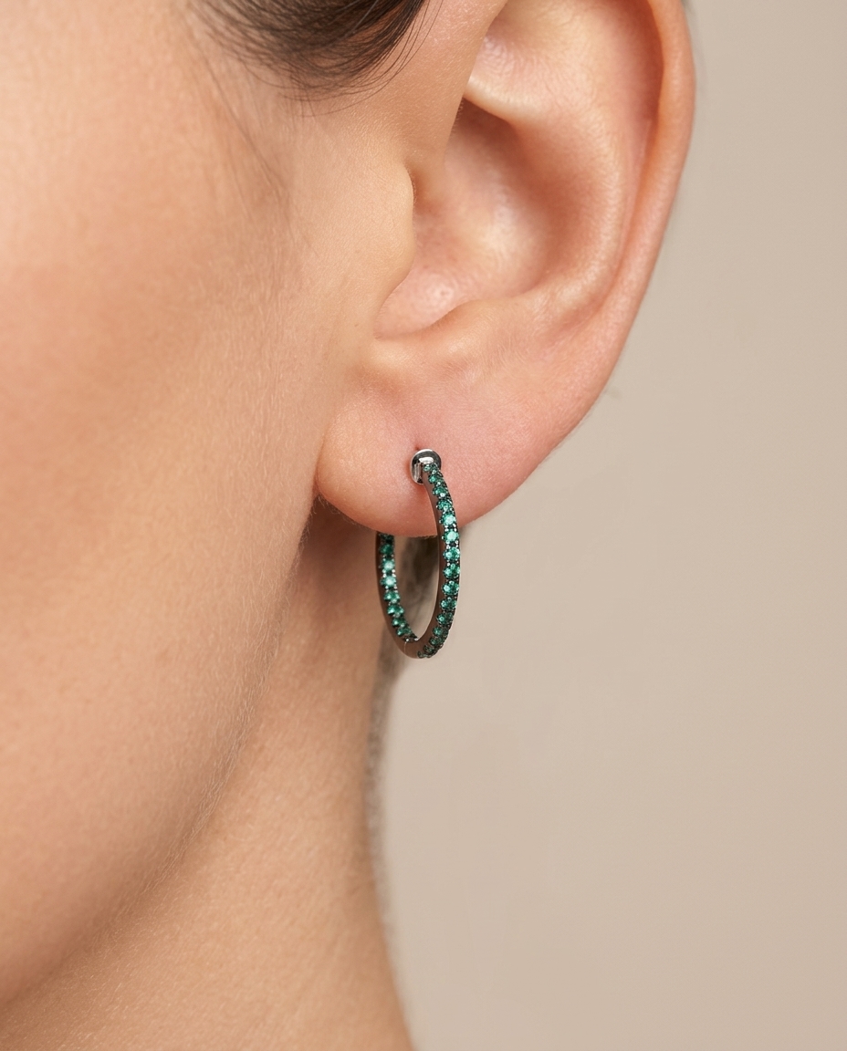 18KT White Gold Emerald Hoop Earring on model