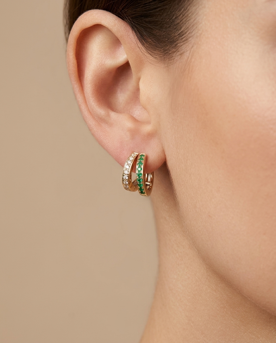 18KT Yellow Gold Emerald and Diamond Earring on model