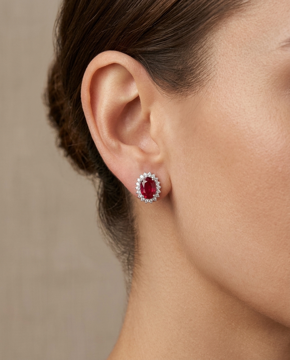 18KT White Gold Ruby and Diamonds Earring on model