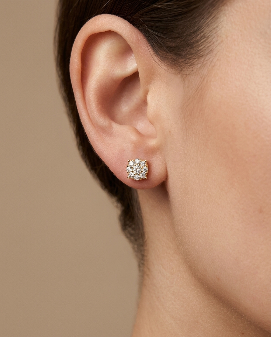 14KT Gold Diamond Round Earring Studs on model
