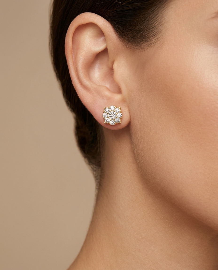 14KT Gold Diamond Round Earring Studs on model