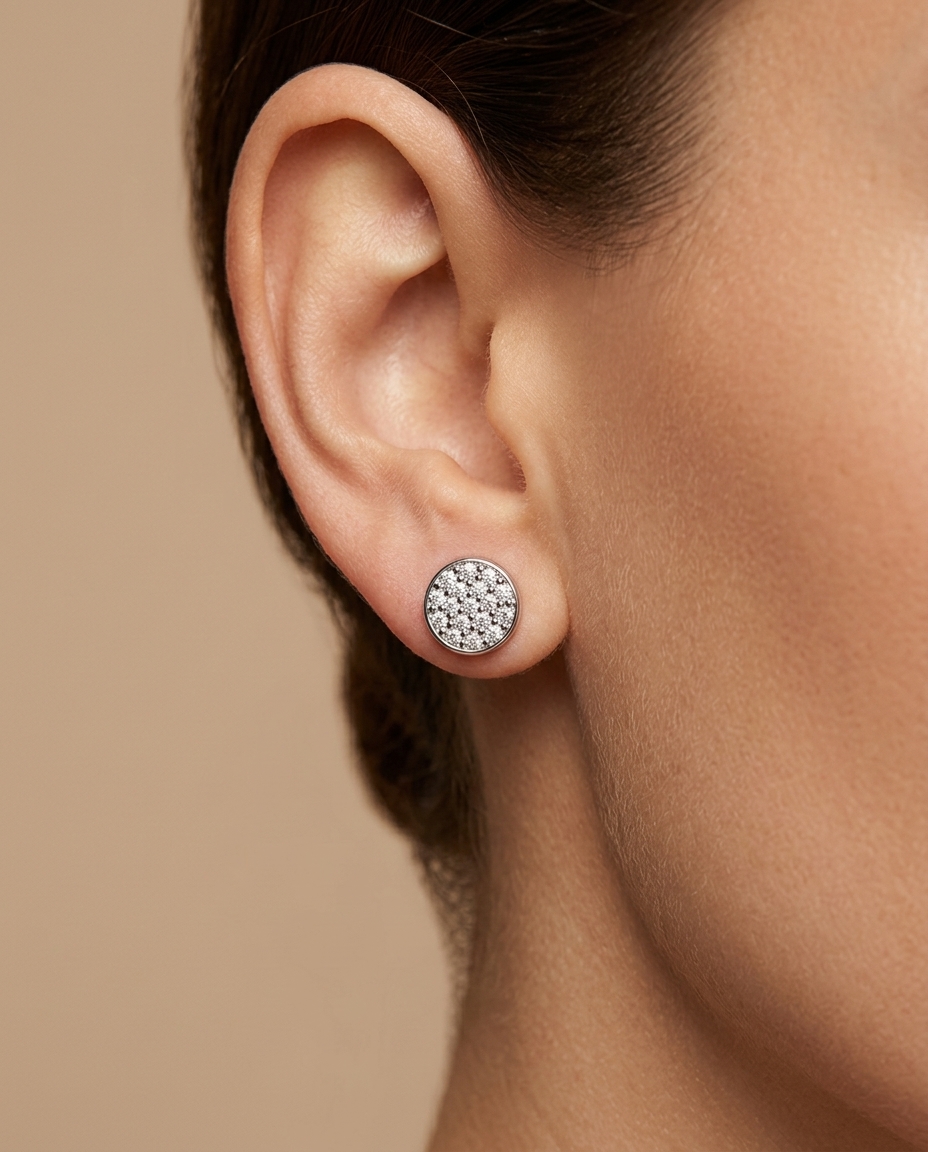 14KT Gold Diamond Round Disk 8 MM Ear Studs on model
