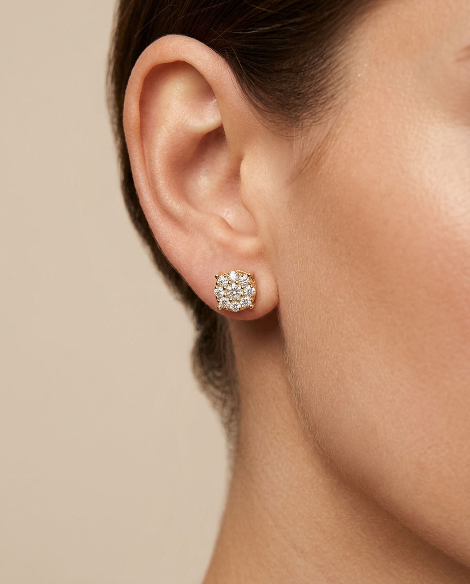 14KT Gold Diamond Round Earring Studs on model