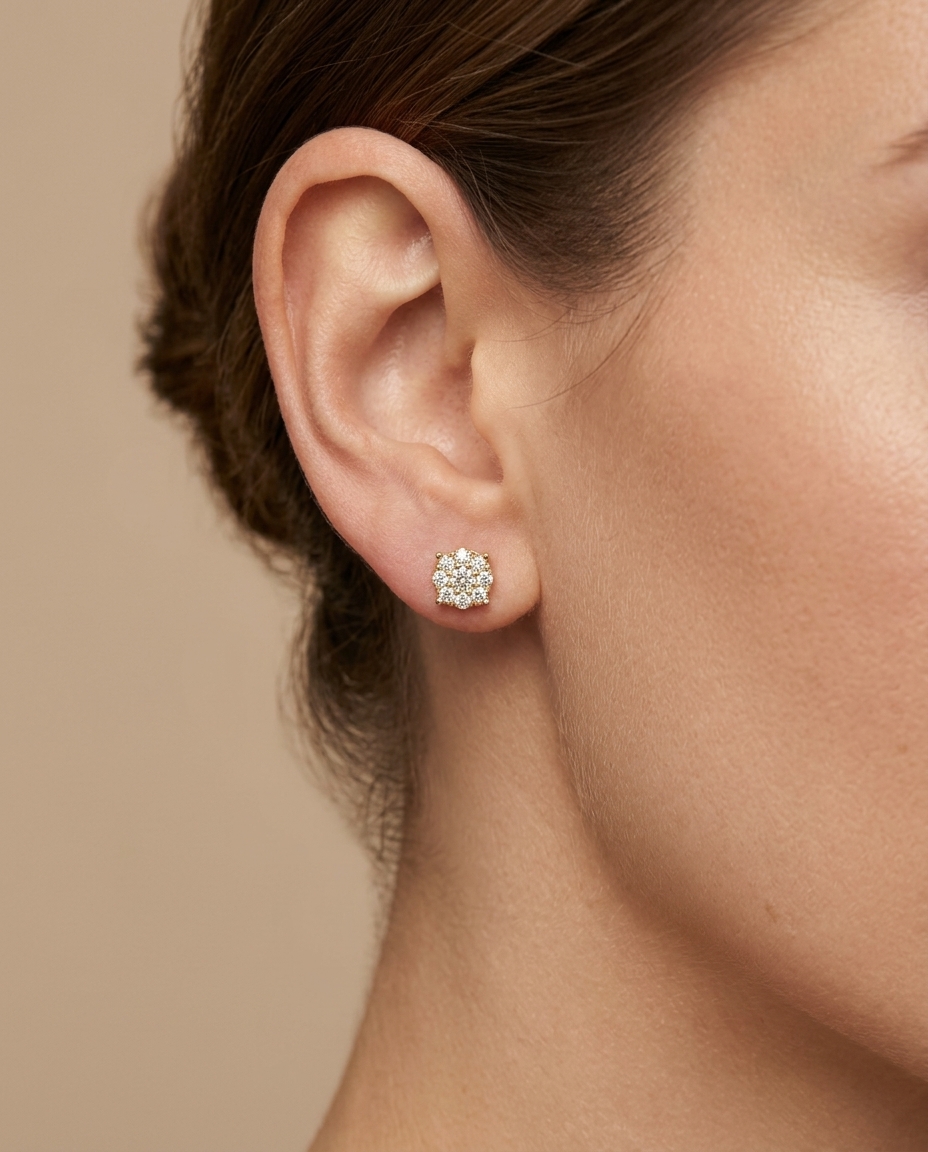 14KT Gold Diamond Round Earring Studs on model