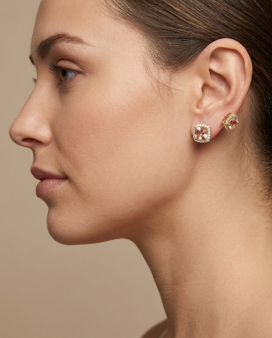 14KT Gold Morganite and Diamonds Earring on model