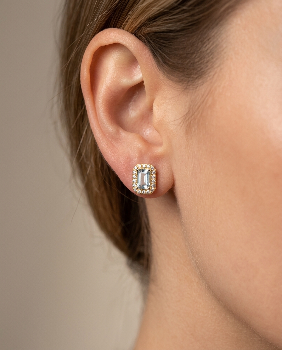14KT Gold Aquamarine with Diamonds Earring on model
