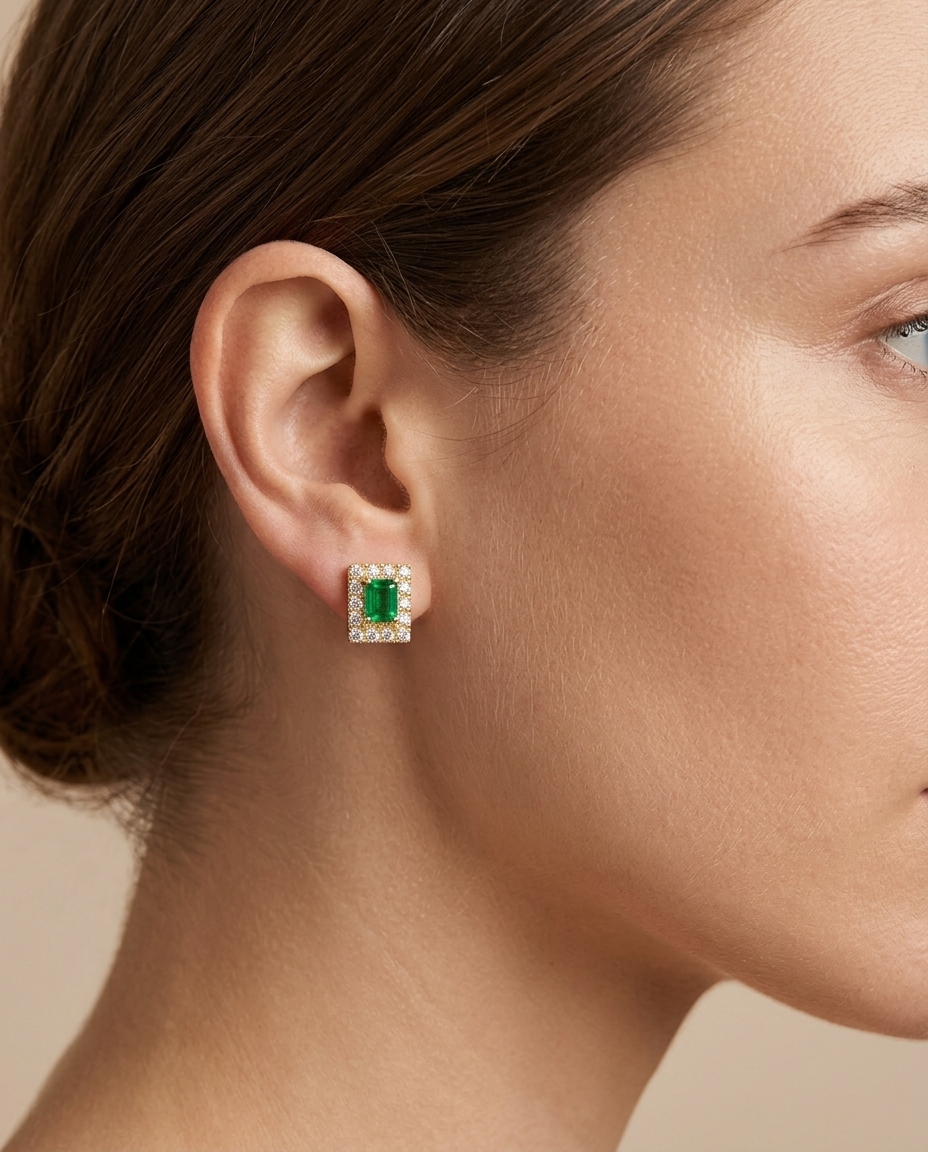 14KT Gold Emerald with Diamonds Earring on model