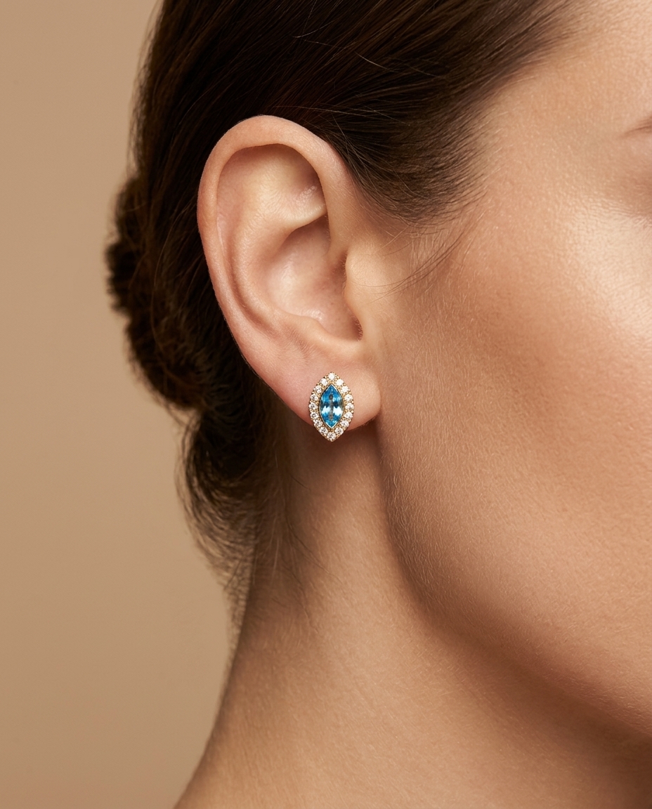 14KT Yellow Gold Aquamarine and Diamond Earing on model