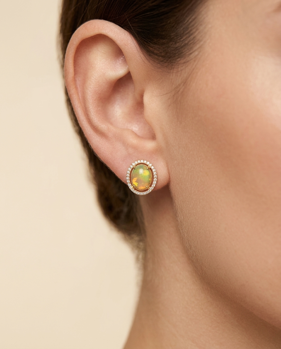 14KT Gold Opal with Diamonds Earring on model