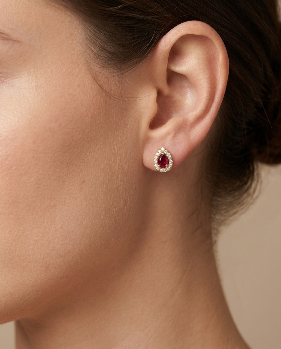 14KT Yellow Gold Ruby with Diamonds Earring on model
