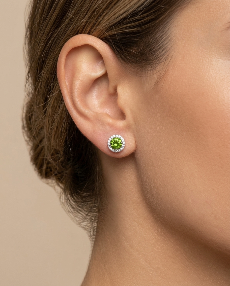 14KT White Gold Green Tourmaline and Diamond Earring on model