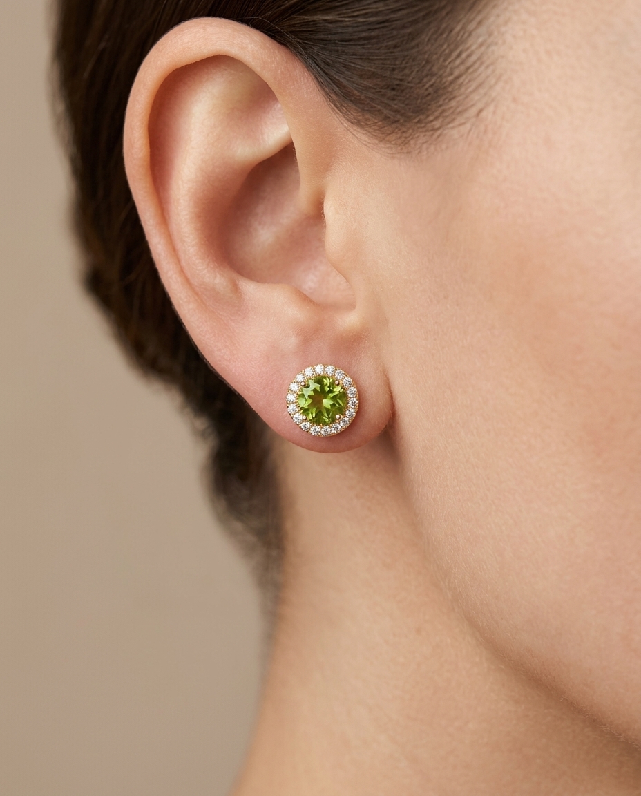 14KT Yellow Gold Tourmaline and Diamond Earring on model