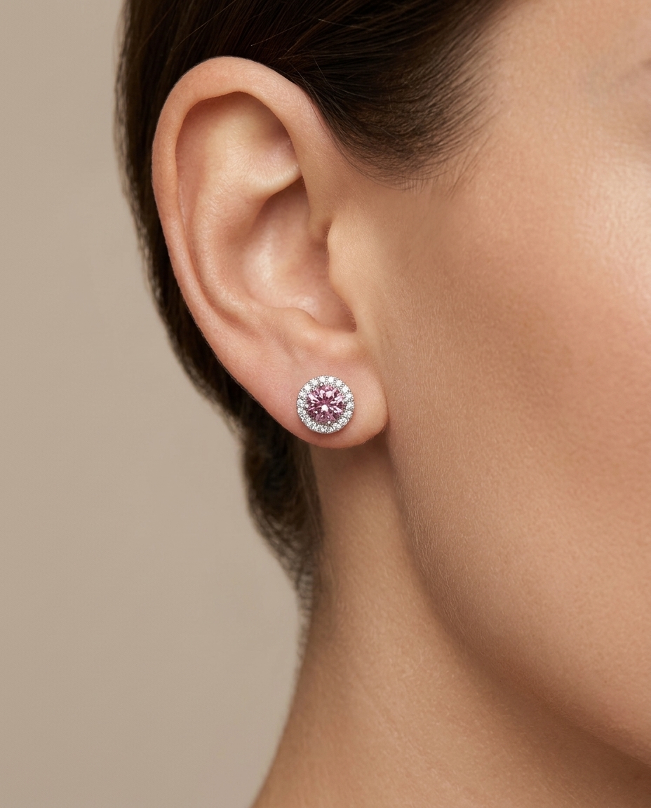 14KT White Gold Pink Tourmaline and Diamonds Earring on model