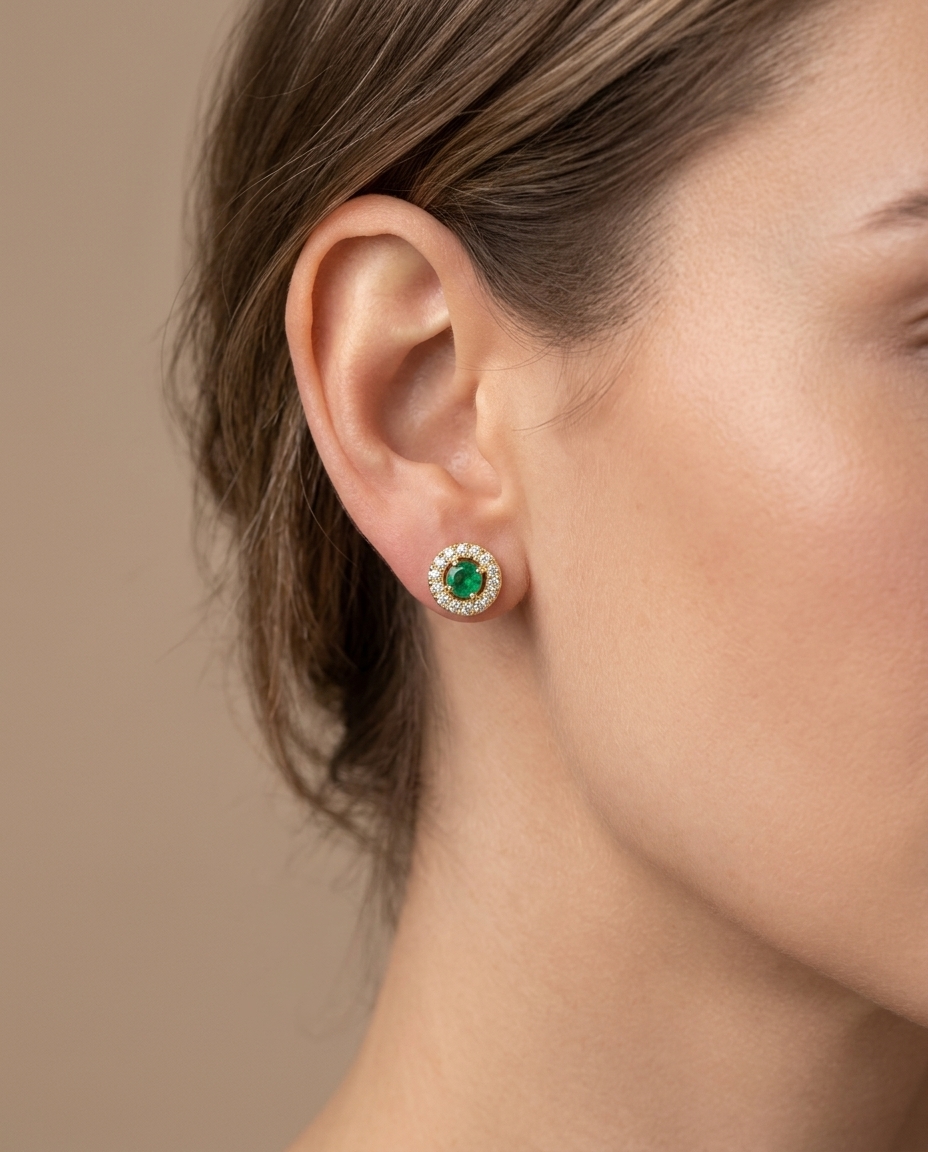 14KT Gold Emerald Earring with Diamonds on model