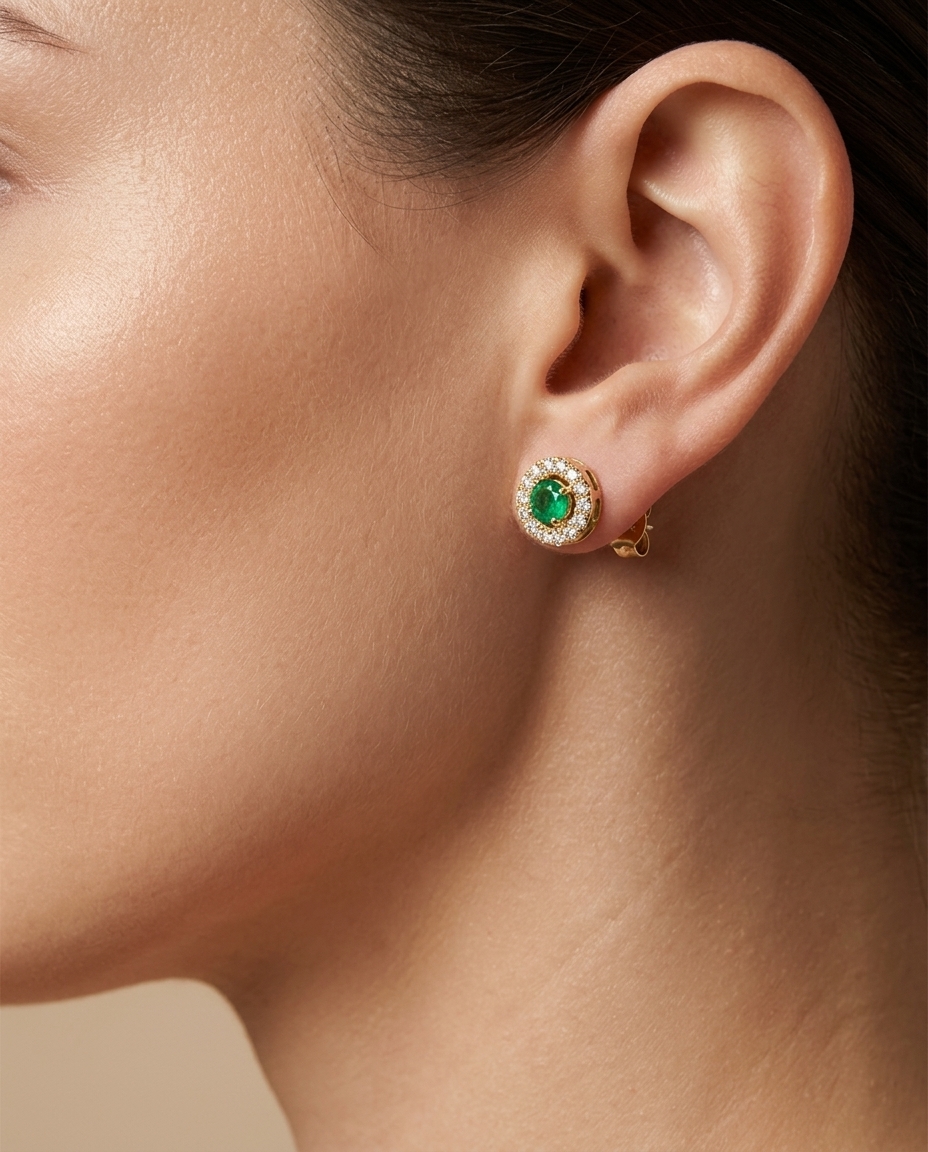 14KT Gold Emerald Earring with Diamonds on model