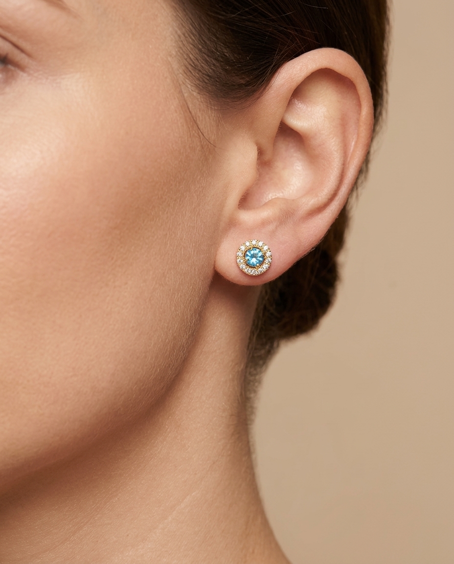 14KT Gold Blue Topaz Earring with Diamonds on model