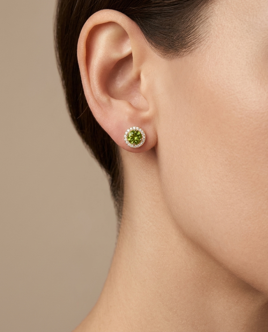 14KT Yellow Gold Green Tourmaline and Diamonds Stud Earring on model