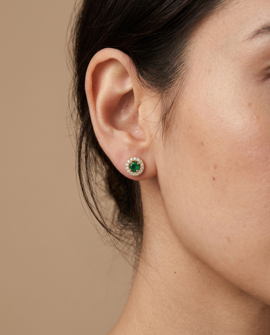 14KT Gold Emerald Earring with Diamonds on model