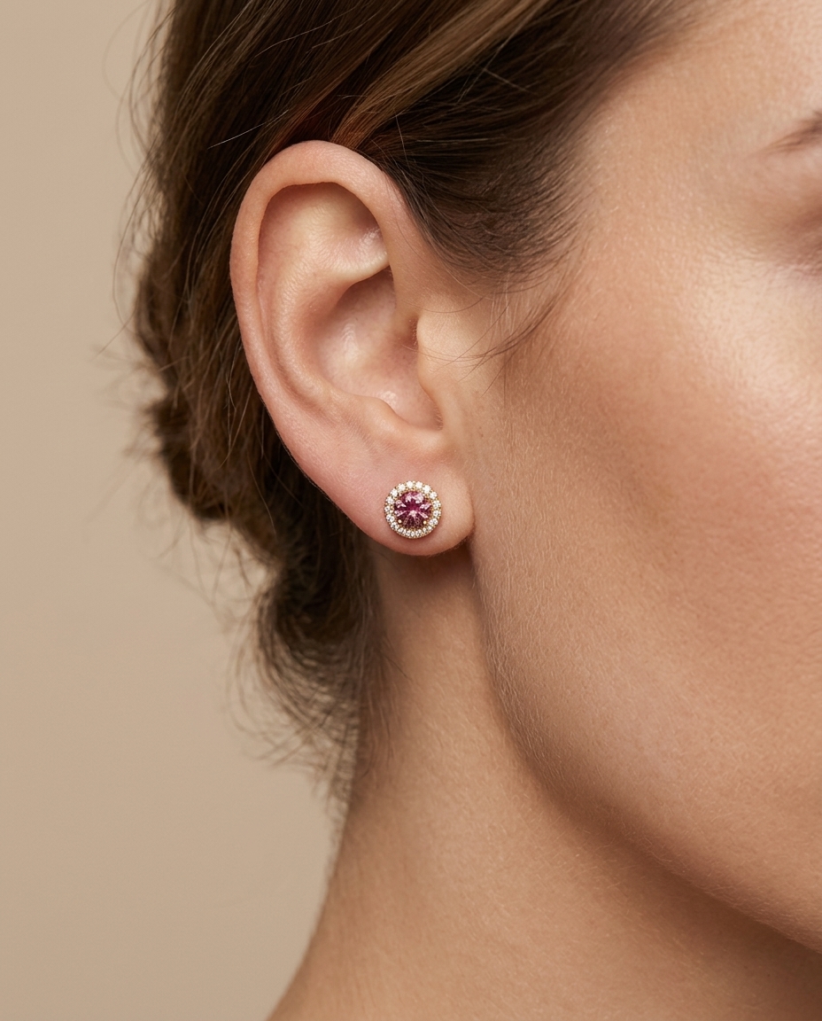 14KT Yellow Gold Pink Tourmaline and Diamonds Earring on model