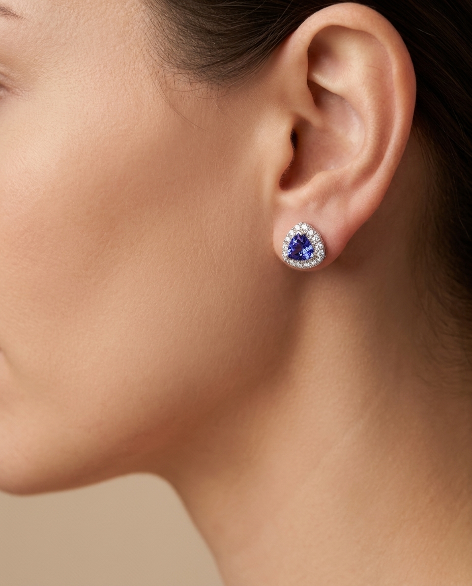 14KT Gold Tanzanite and Diamonds Stud Earring on model