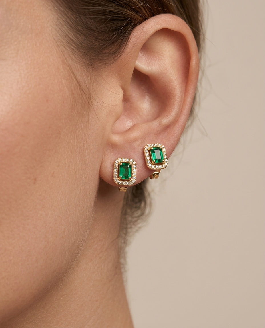 14KT Yellow Gold Emerald with Diamonds Earring on model
