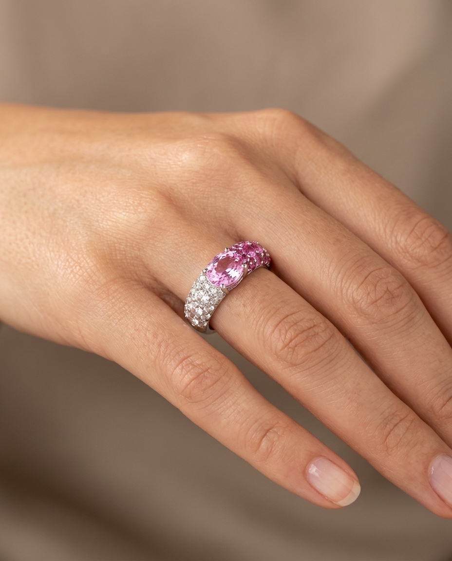18KT Gold White and Pink Sapphire Sapphire Ring on model