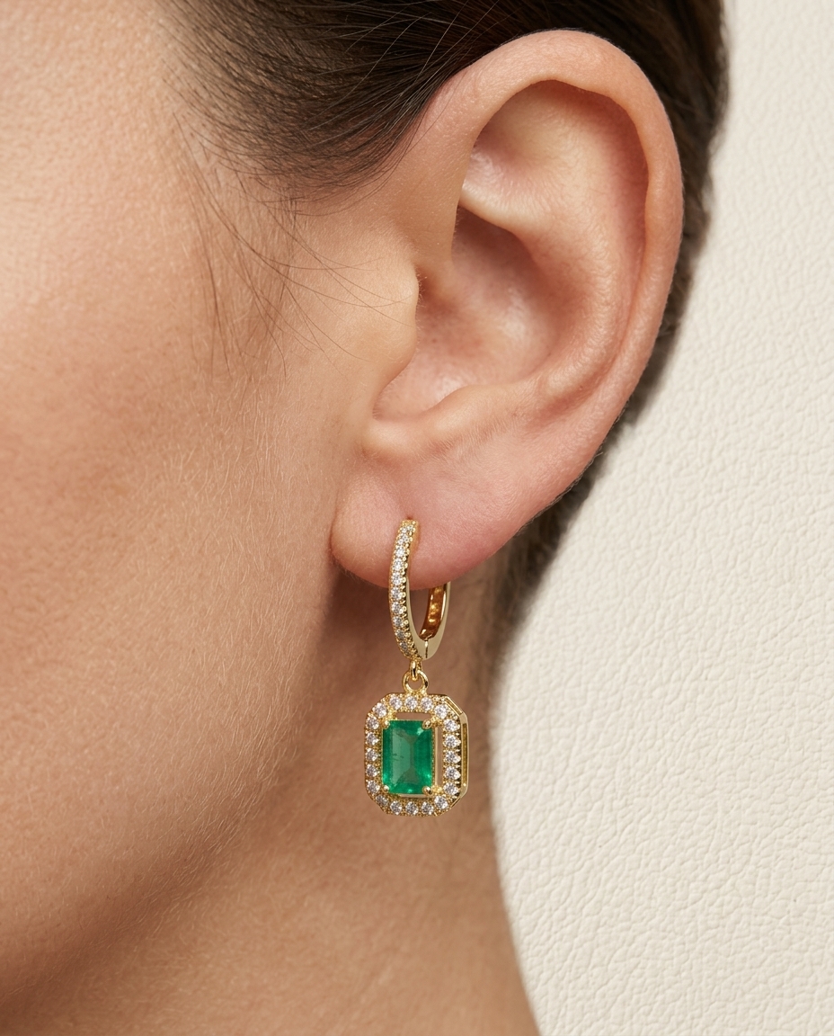 14KT Yellow Gold Emerald and Diamonds Earring on model