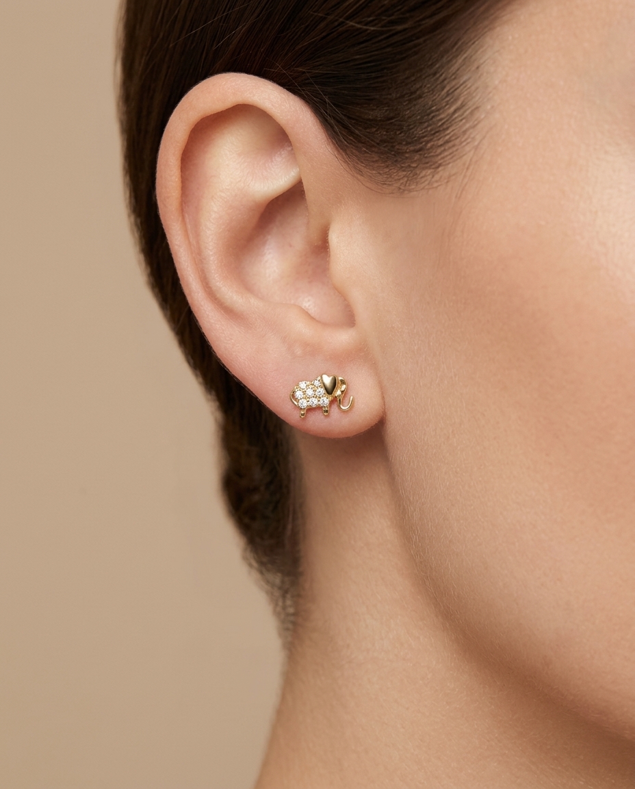 14KT Gold Elephant Diamond Earring on model
