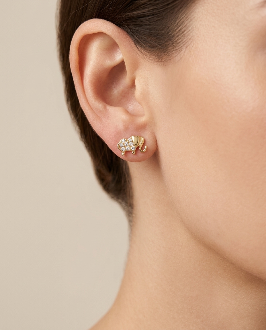 14KT Gold Elephant Diamond Earring on model