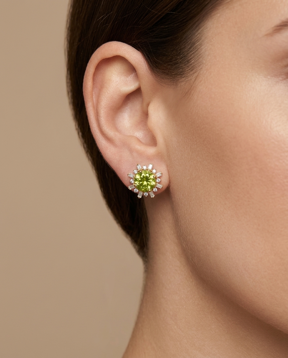 14KT Gold Round Toumaline Stud Earrings with Diamonds on model