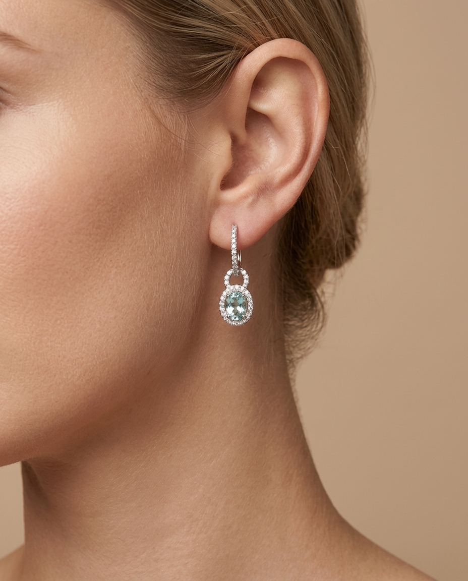 14KT Gold Blue Topaz and Diamond Earring on model