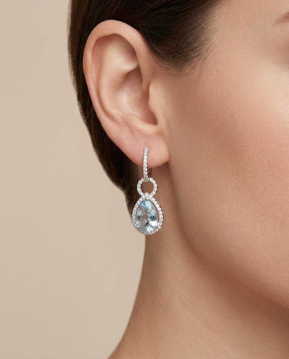 14KT Gold Aquamarine and Diamond Earring on model
