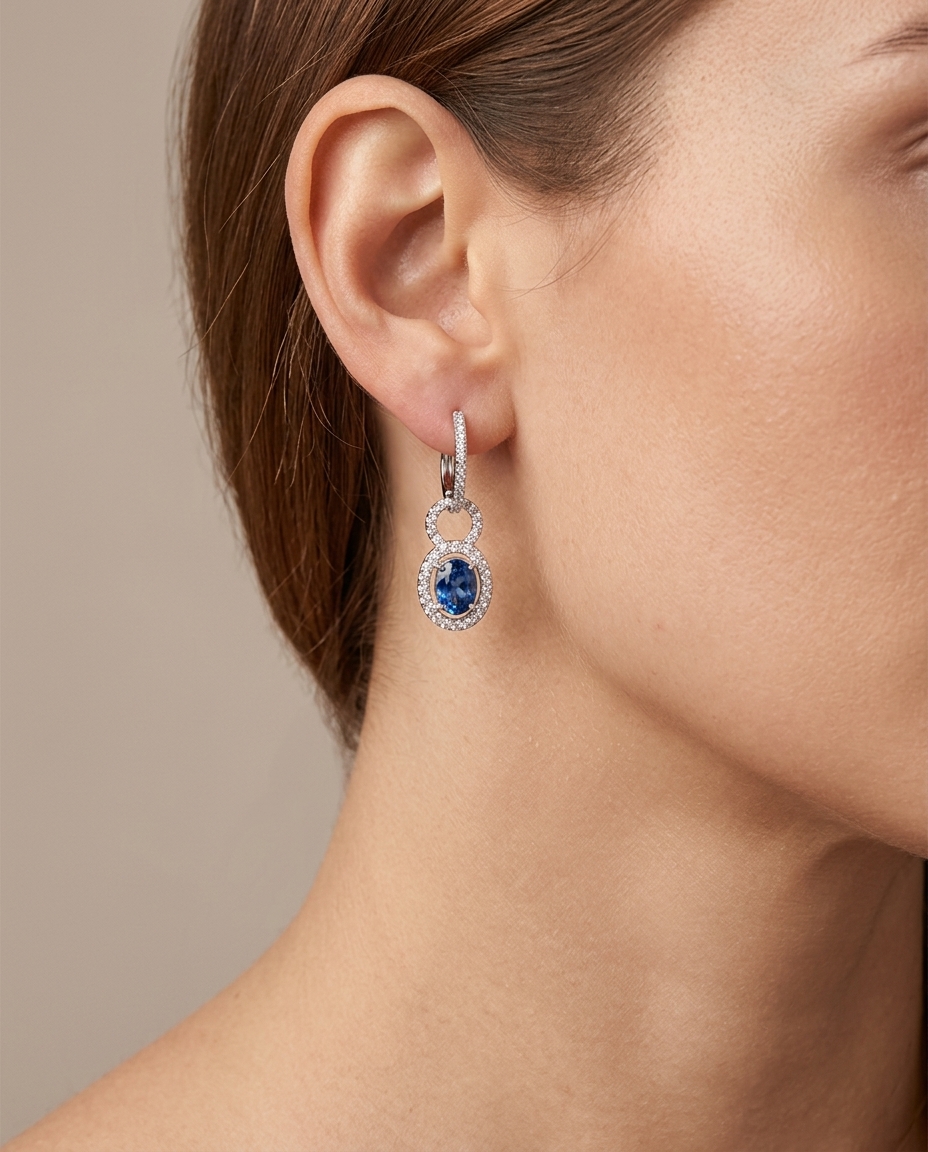 14KT Gold Blue Morganite and Diamond Earring on model