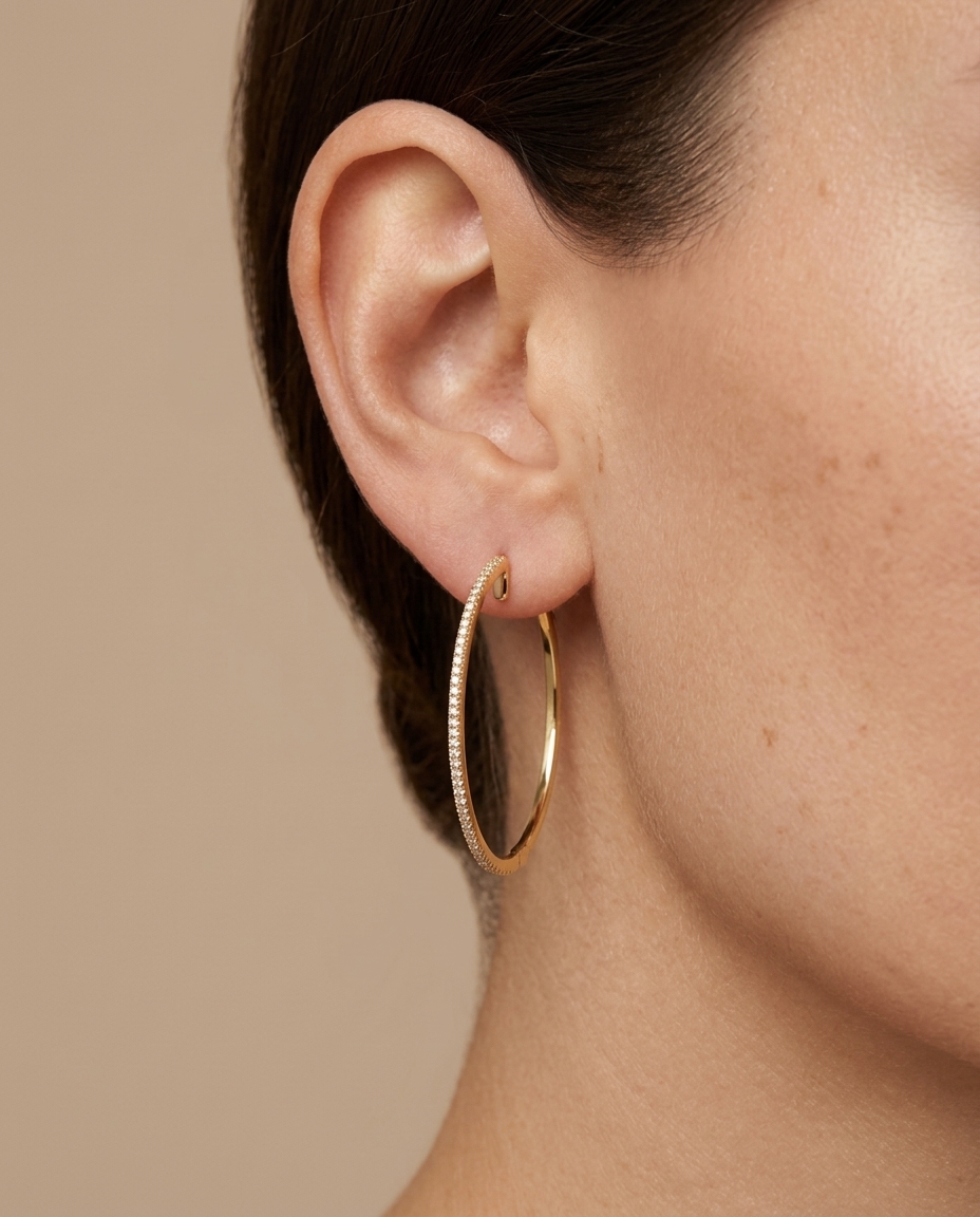 14KT Gold Diamond Hoop Earrings on model