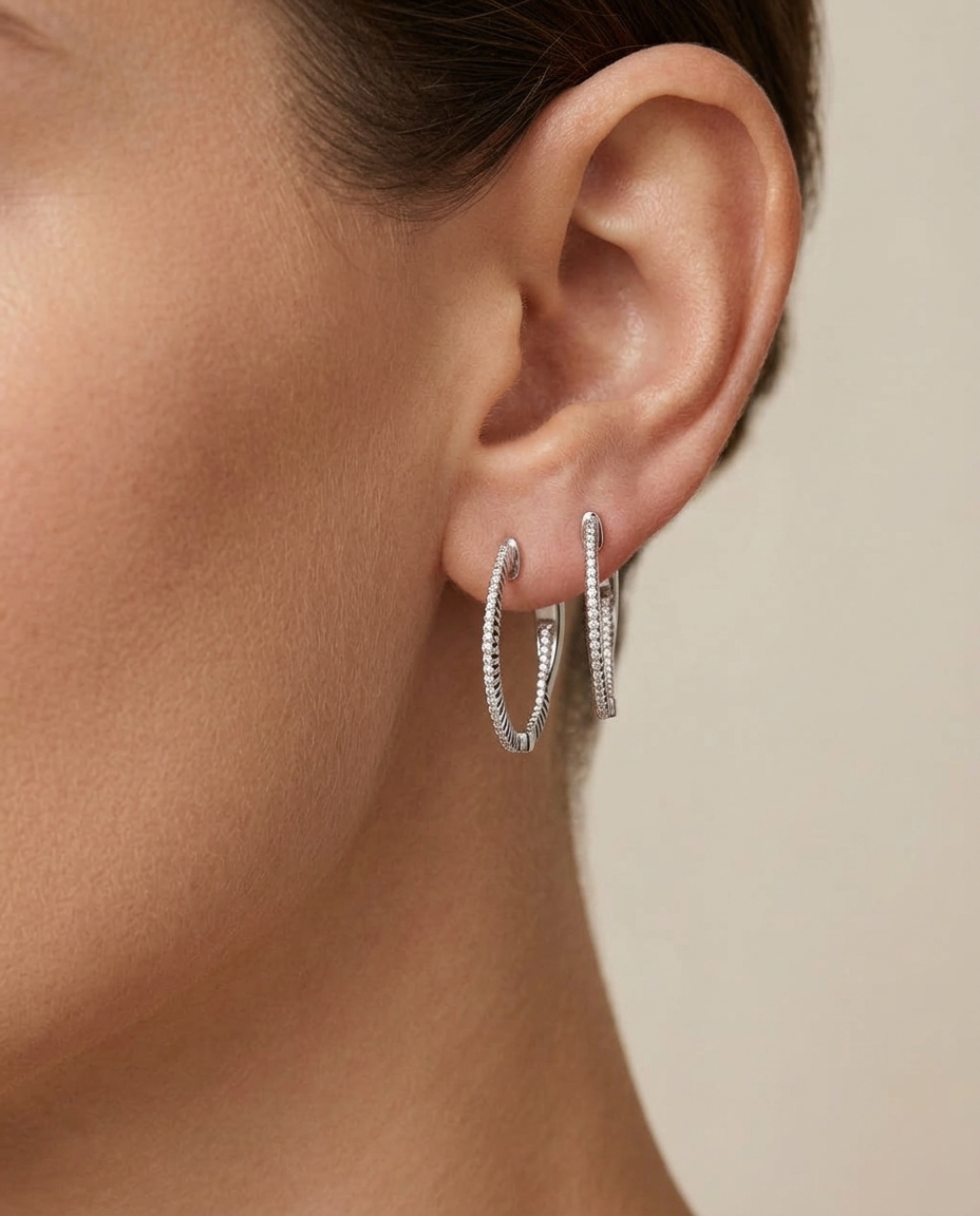 14KT Gold Diamond Hoop Earrings on model