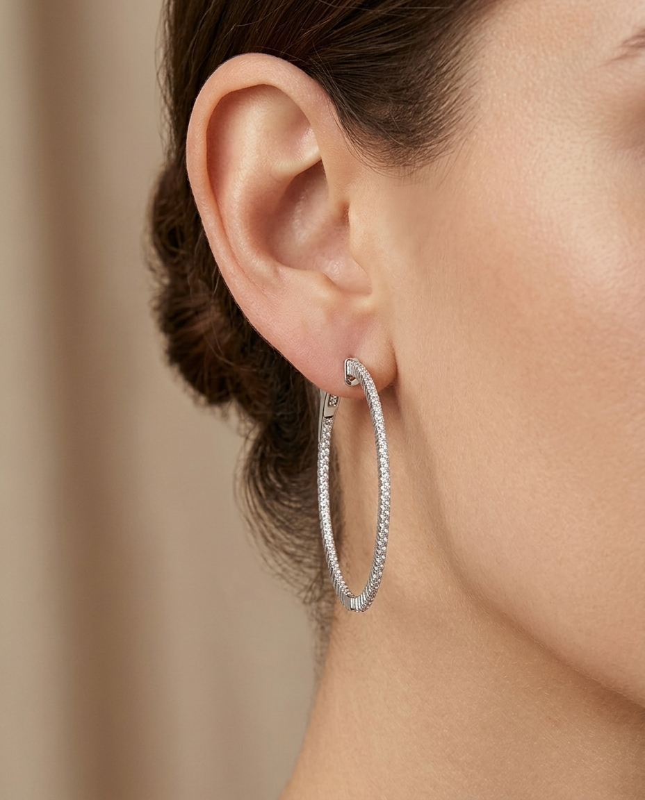 14KT Gold Diamond Hoop Earrings on model