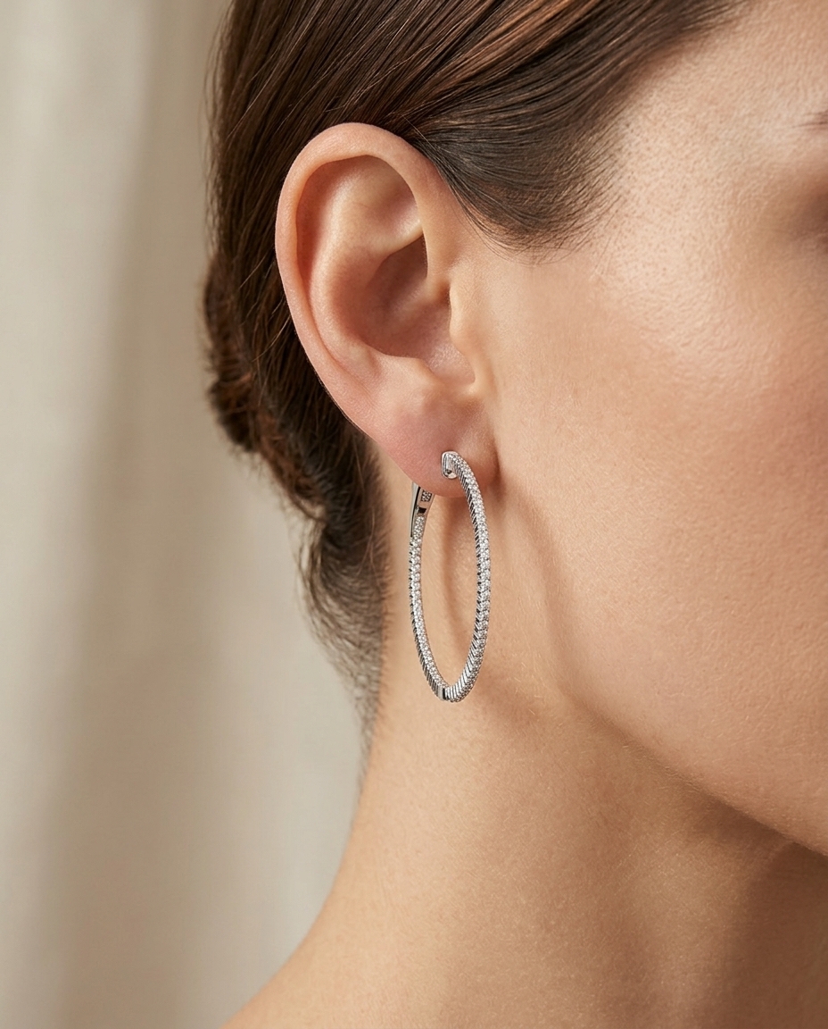 14KT Gold Diamond Hoop Earrings on model