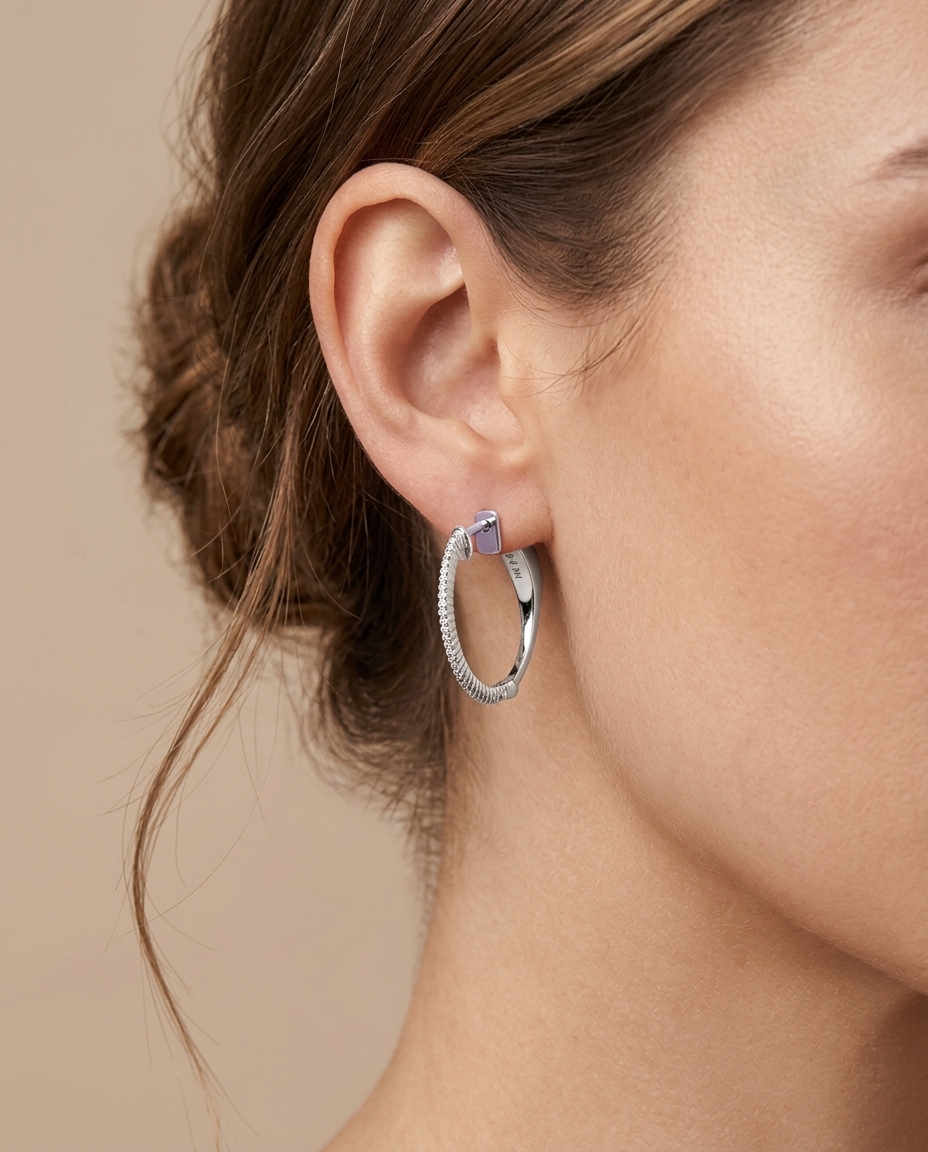 14KT Gold Diamond Huggies Earring on model