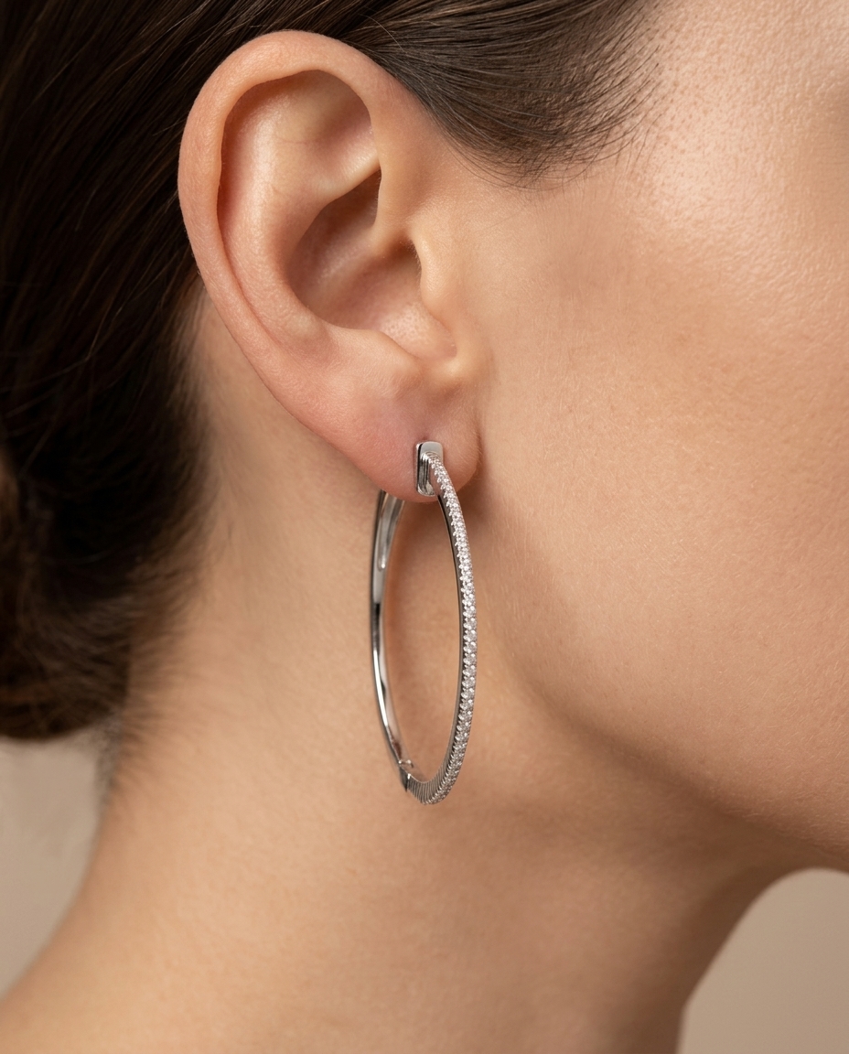 14KT Gold Diamond Hoop Earrings on model
