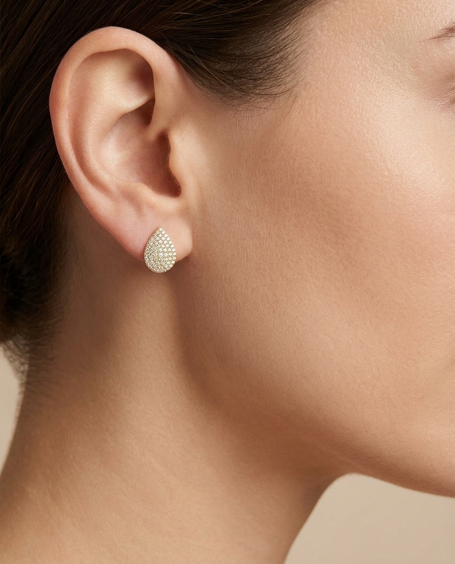 Diamond Pear Shape Ear Studs on model