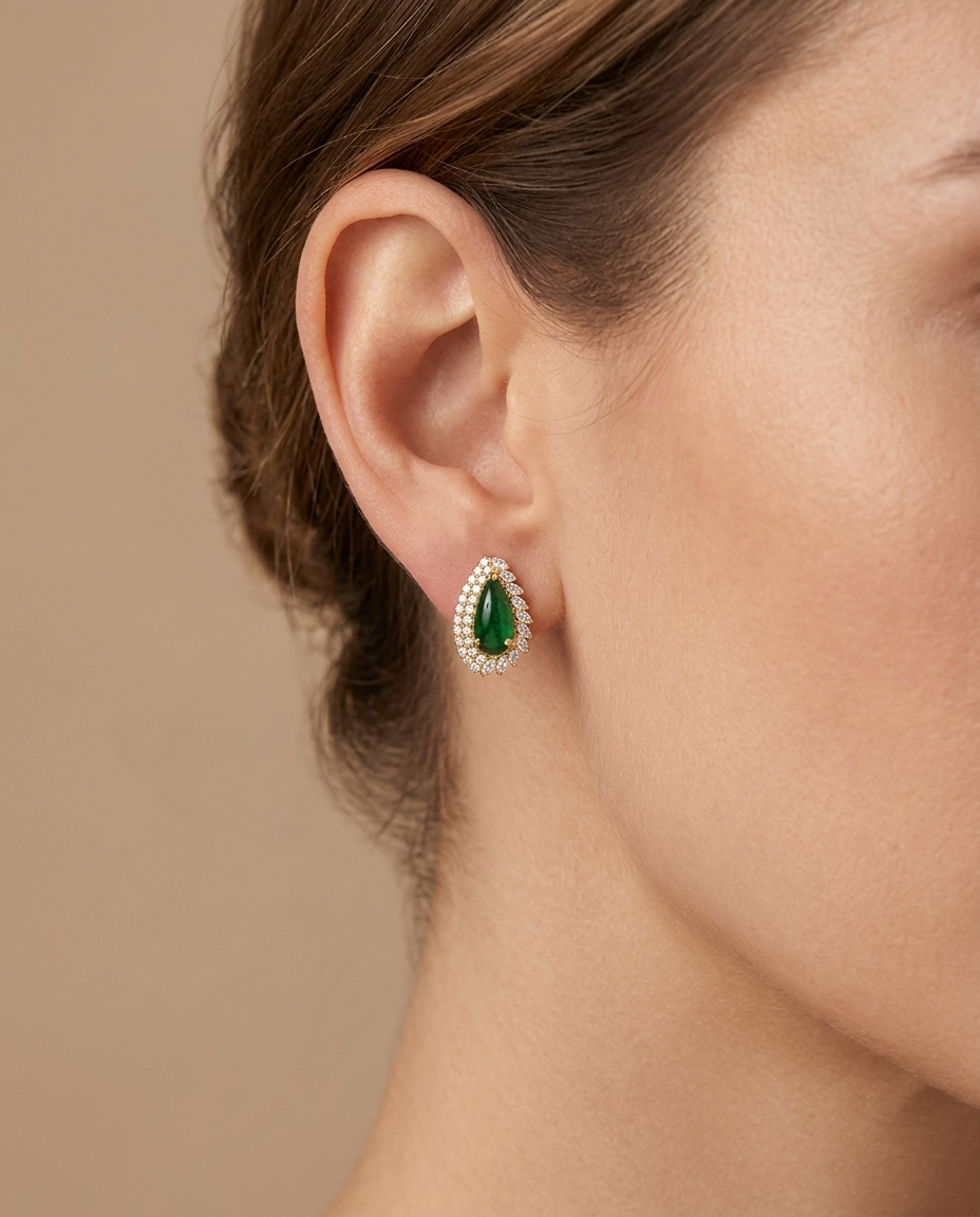 14KT Yellow Gold Tsavorite and Diamonds Earring on model