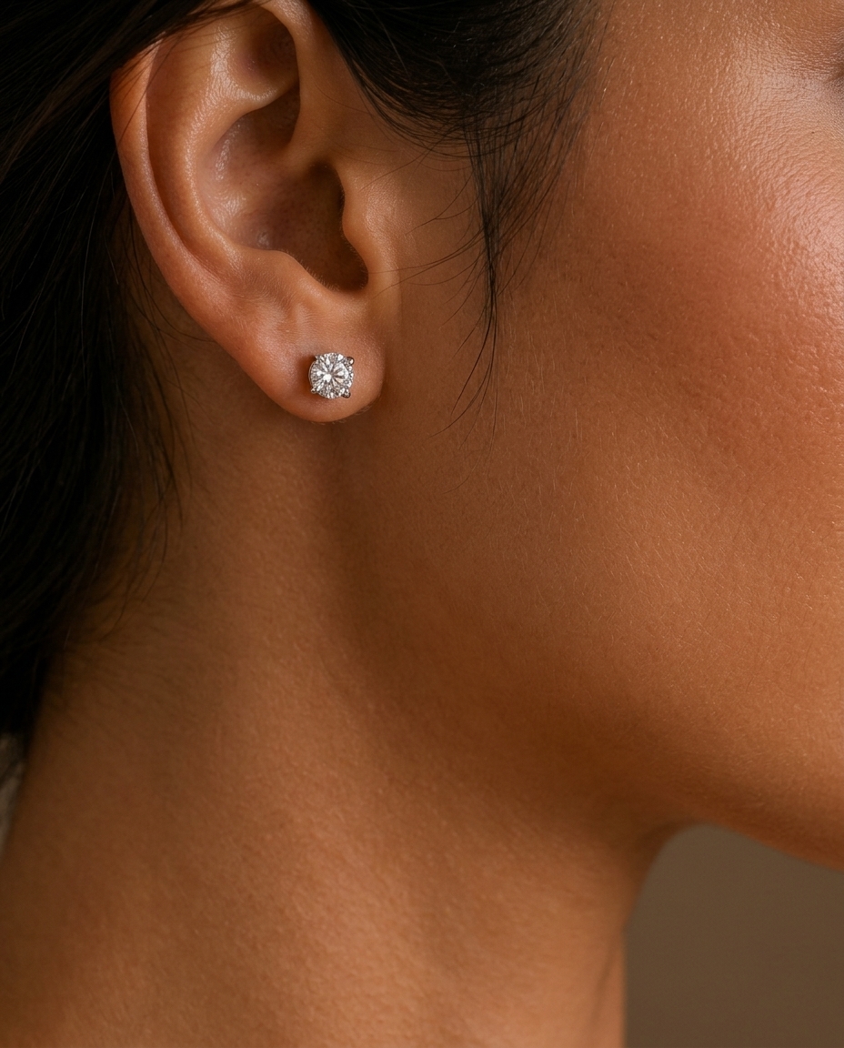 14KT Gold Solitaire Diamond Studs 4 Prong on model