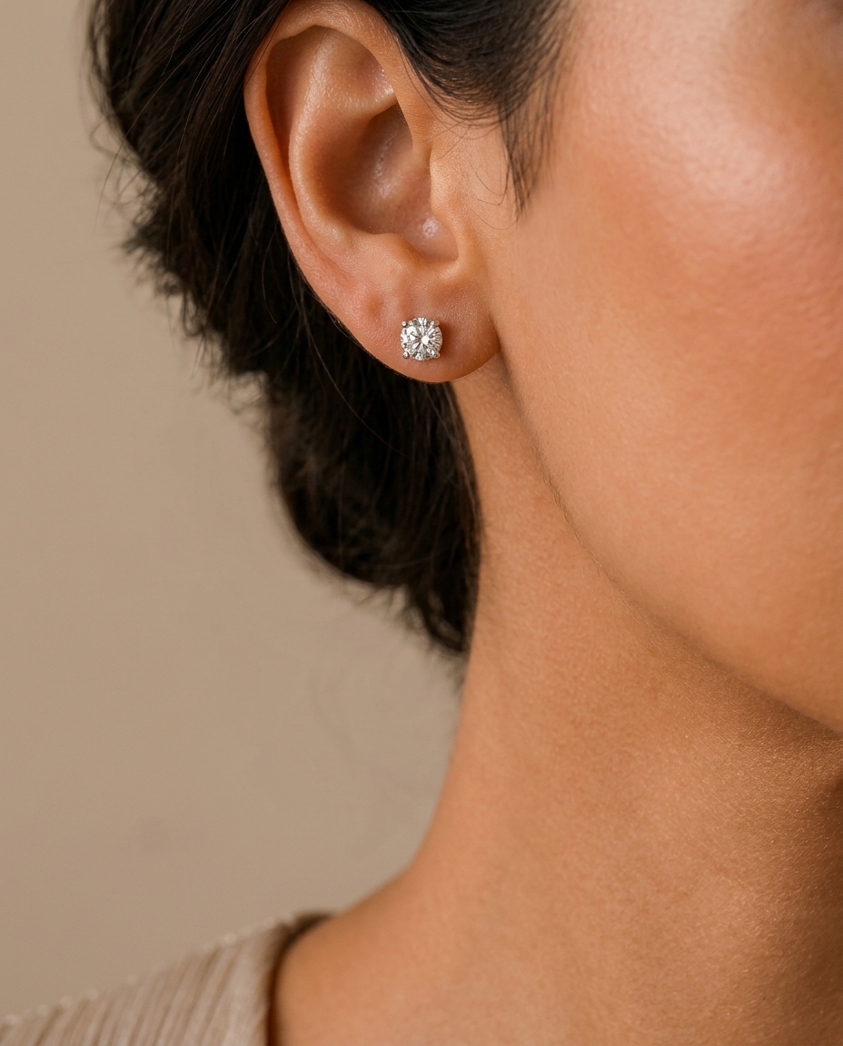 14KT Gold Solitaire Diamond Studs 4 Prong on model