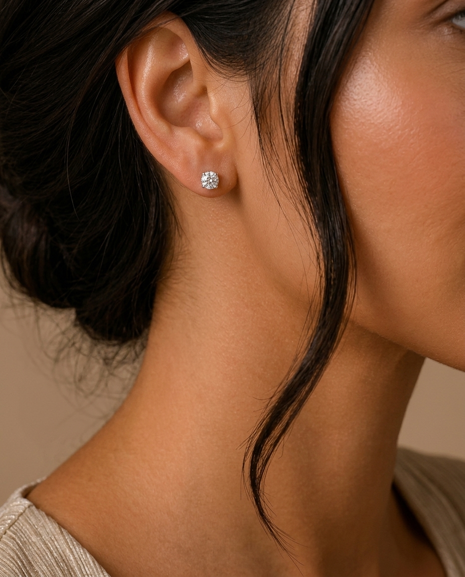 14KT Gold Solitaire Diamond Studs 4 Prong on model