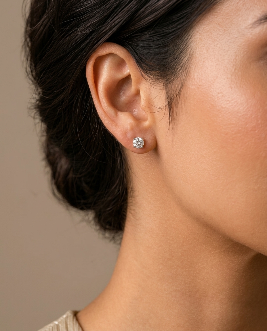 14KT Gold Solitaire Diamond Studs 4 Prong on model