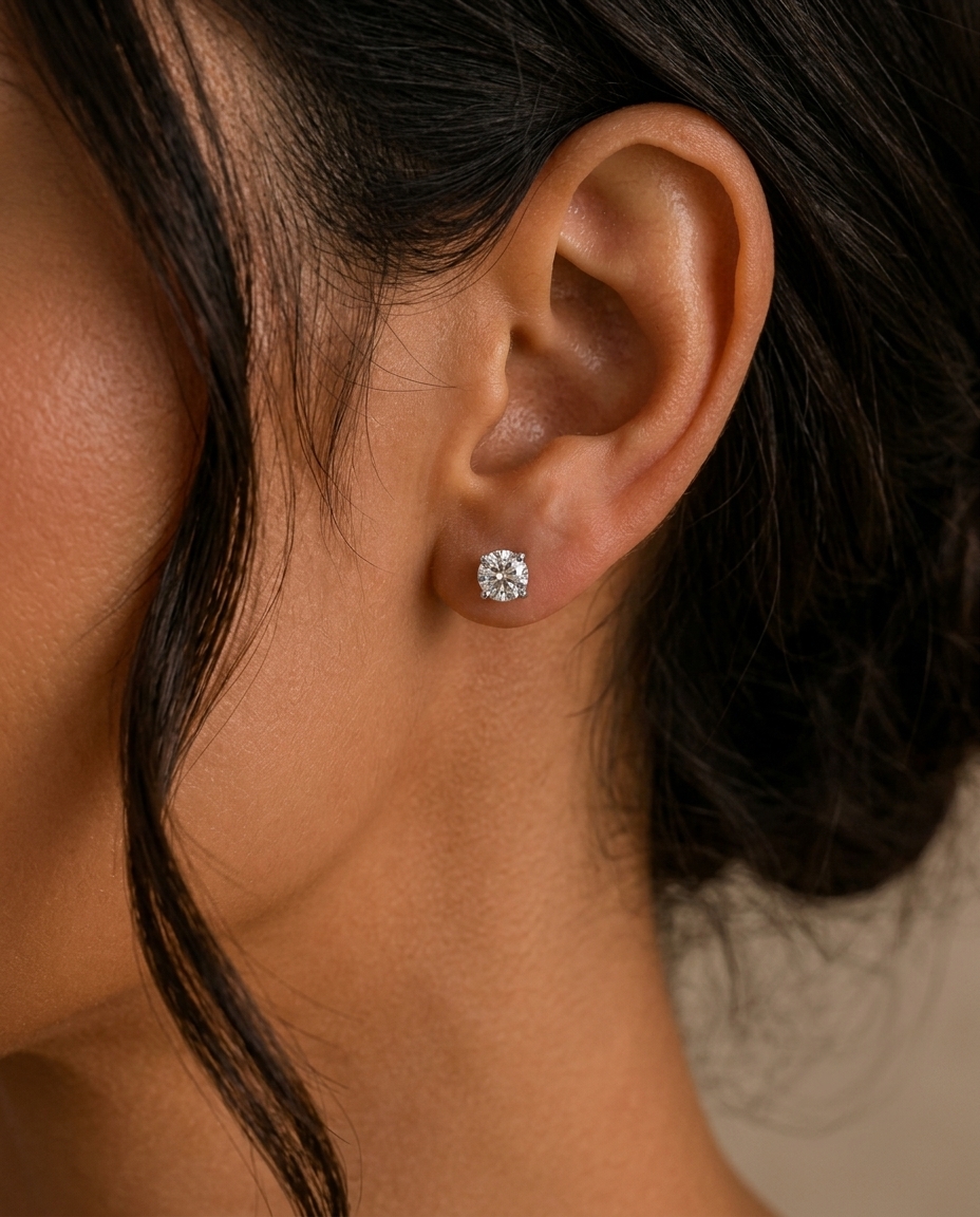 14KT Gold Solitaire Diamond Studs 4 Prong on model
